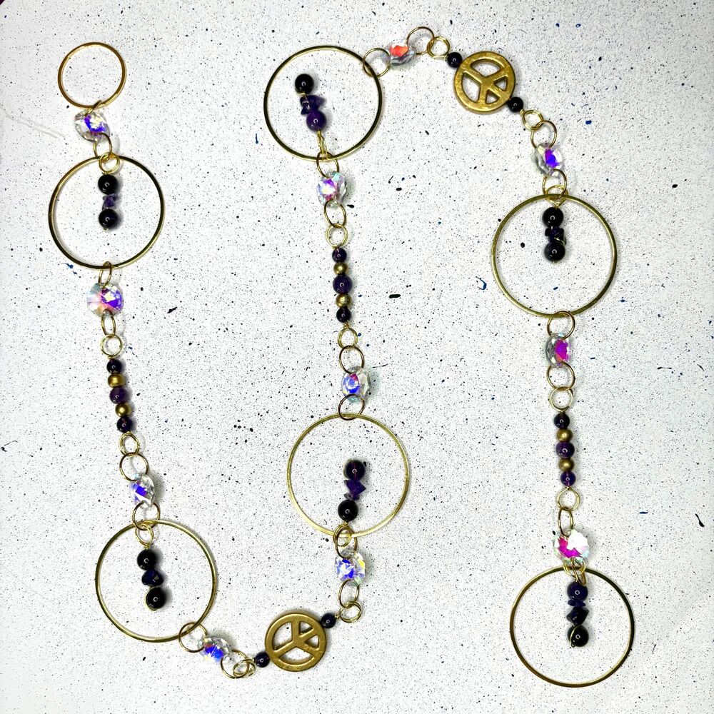 Amethyst Bead Gemstone Wall Hanging, Gold Peace Sign Protection Healing 35 inch